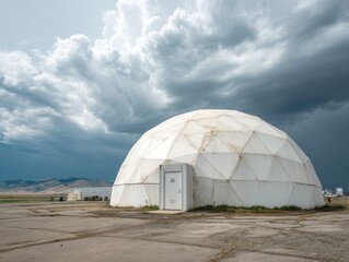 Geodesic dome structure set against a dramatic sky. A unique architectural shape with a modern door, hints at an experimental space.