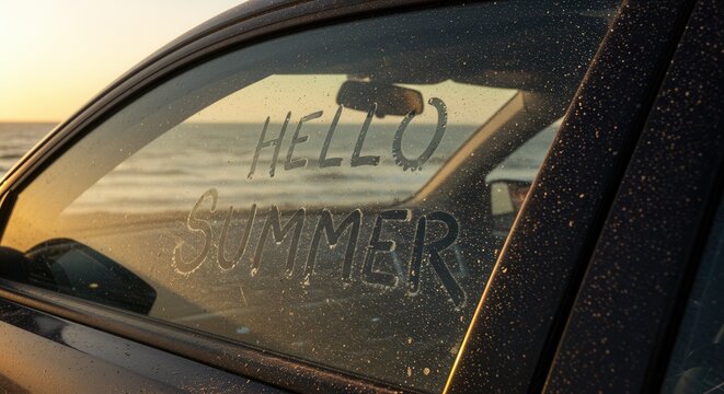 Sandy car window with hello summer message at beach sunset.
