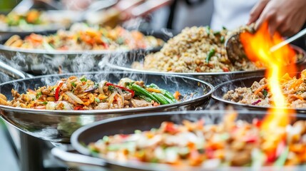 Obraz premium Thai Street Food Vendors Preparing Delicious Dishes in Vibrant Outdoor Market