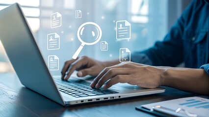 Document retrieval and text search engine. Document management system DMS. Magnifying glass and file icons. Businessman using laptop computer to search by keyword