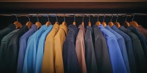 A selection of stylish clothes displayed in a shop, neatly arranged on a rack for an organized fashion showcase.