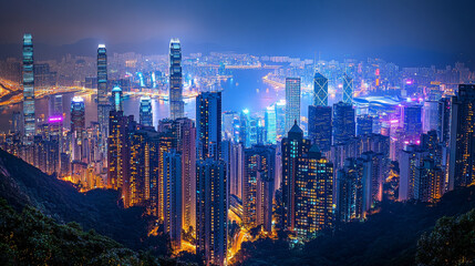 Fototapeta premium Blurred lights captured from Victoria Peak in Hong Kong, producing a soft, colorful nighttime effect