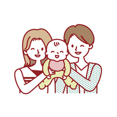 赤ちゃんと頬を寄せるパパママ_3人家族