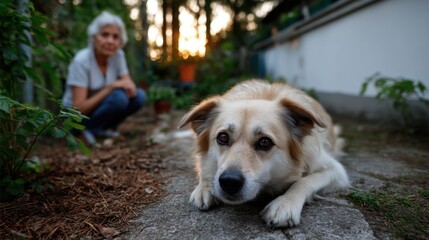 Tranquil dog lying on garden pathway with elderly woman in background during sunset