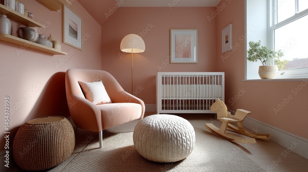 Poster this children's room exhibits a modern design with a soft pink color scheme. a comfortable chair and