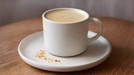 Obraz premium Hot Creamy Blonde Vanilla Latte in a Stylish White Mug on Wooden Table with Natural Lighting