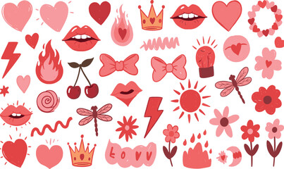 Bow and heart girl coquette pattern. Cute crayon girly vector. Retro cherry flower kiss strawberry butterfly bg. Vintage pink Valentine Wedding bow ribbon print. Line shape doodle set