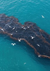 Seagulls flying over oil spill in turquoise ocean waters.
