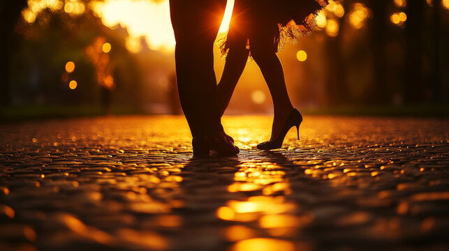 Close-up silhouette of tango dancers&acirc;&euro;&trade; feet stepping on a pebble-covered path, conveying rhythm and intimacy