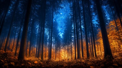 Obraz premium Magical Forest at Night: A Dreamlike Blend of Blue, Gold, and Twilight
