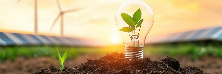 Green energy concept: light bulb with plant at solar farm and wind turbines.