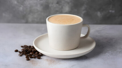 Creamy Hot Beverage in White Cup Surrounded by Coffee Beans on Grey Background