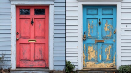A captivating image presenting two vividly colored doors, exhibiting worn paint on an exterior building.