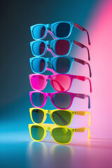A stack of colorful sunglasses in various hues, artfully displayed with a vibrant background.