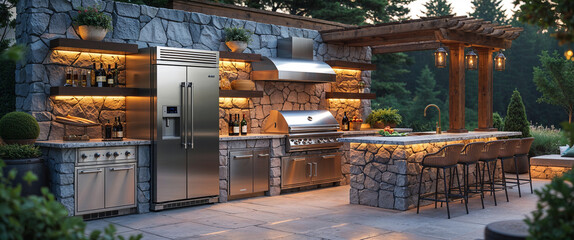 Luxurious outdoor kitchen with stone accents stainless steel appliances and bar seating
