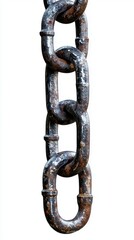 Obraz premium Heavy metal chain hangs against a white background showcasing textures and weathering effects from use over time