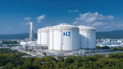 Obraz premium Large hydrogen storage tanks at an industrial facility surrounded by greenery, under a blue sky with scattered clouds.
