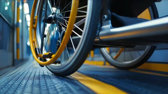 A yellow wheel of a wheelchair is on a yellow line. Concept of accessibility and inclusivity, as the wheelchair is designed to help people with mobility issues navigate public spaces