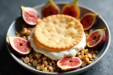 Fototapeta premium A delightful round cracker rests atop creamy yogurt, nestled amongst halved figs and crunchy, small, pale yellow morsels in a shallow gray bowl.
