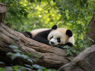 Fototapeta premium Panda Sleeping on Tree in Forest / 숲속 나무 위에서 자는 판다
