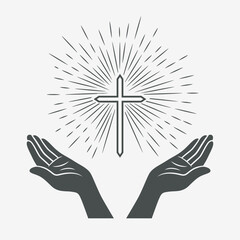 Black and White Open Hands with Cross and Divine Light, Symbol of Faith and Prayer. Design Template for Church Logo. Prayer, Religion Concept Monochrome Cut Out Silhouette Icon. Vector Illustration