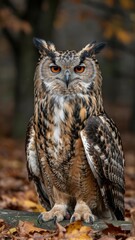 Fototapeta premium Regal eagle-owl with piercing orange eyes on weathered wooden post