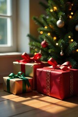 Festive gifts bask in sunlit warmth near a decorated evergreen tree