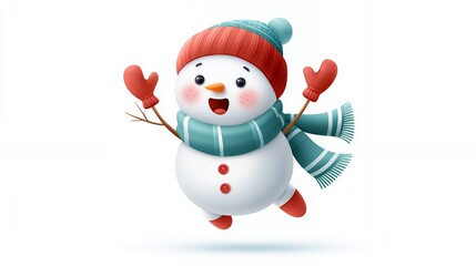 Joyful Cartoon Snowman in Red Hat and Teal Scarf Jumping on White Background