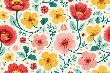 Obraz premium Cheerful seamless floral layout with raspberry red, lemon yellow, bubblegum pink, and mint green flowers. 