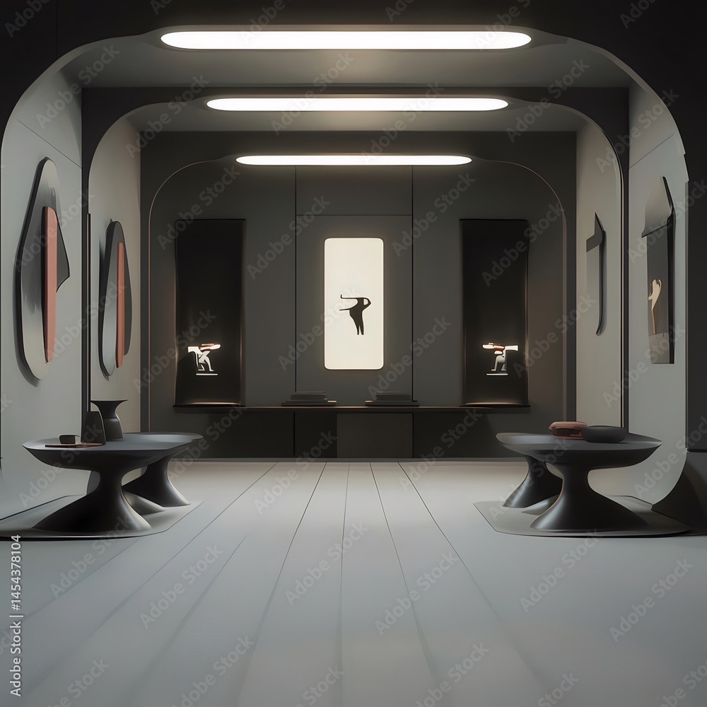 Aufkleber アーチ型通路を備えた暗いギャラリー空間 抽象的な展示品を配置したモダンインテリアデザイン