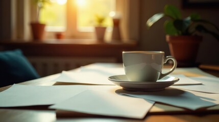 A warm beverage rests on a saucer near papers on a table bathed in sunlight streaming through a window