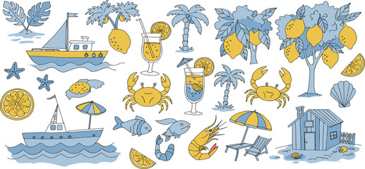 Italian amalfi sicily style vacation hand drawn vector illustrations in grunge rough doodle sketch style elements