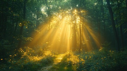 Obraz premium Sunlight streams through misty forest