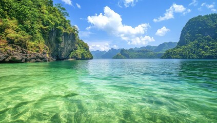 Fototapeta premium Crystal-clear turquoise water, lush green jungle, dramatic cliffs, idyllic bay