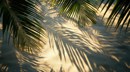 Fototapeta premium Silhouettes of palm fronds stretch across sunlit sand, casting a natural pattern that evokes tropical peace