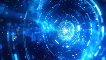 Fototapeta premium an abstract, futuristic digital space. it features a vast expanse of blue toned light that resembles a nebula, interspersed with intricate patterns and geometric shapes