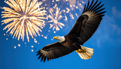 Obraz premium an eagle in flight against a backdrop of fireworks