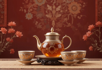 Fototapeta premium A tea set with a teapot and four cups is displayed on a table