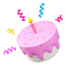 3d vector illustration of a pink birthday cake with a striped candle, colorful sprinkles, and festive streamers. Ideas for celebration, party invitations, for festive occasions.