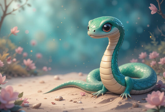 A small green snake is sitting on the sand next to some pink flowers