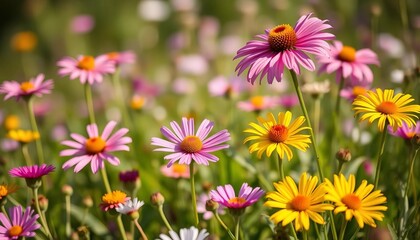 Obraz premium Vibrant close-up of blooming wildflowers in a meadow, painting, rustic