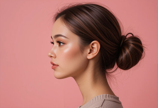 A woman with a bun on her head and a pink background. Portrait in profile