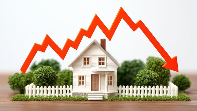 A model house with a downward red graph arrow, symbolizing a decline in real estate or housing market value.