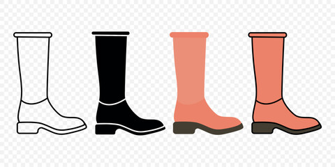 Womens High Heel Boots Icon Set. Outline, Silhouette, Flat and Colored Style Fashion Shoes Collection for Autumn and Winter, Stylish Female Footwear Design. Vector Illustration
