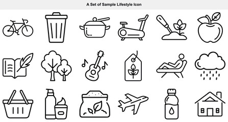 Black outline icons showcase healthy living and leisure activities on a white backdrop