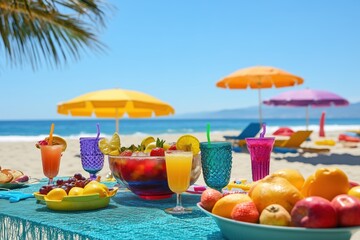 Colorful beach setup with fresh fruit and summer drinks under sunny umbrellas