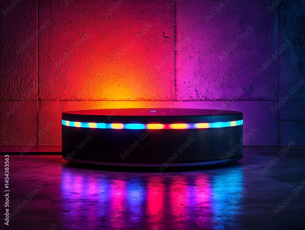Poster neon speaker emitting pulsating multicolored lights