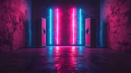 Futuristic neon speakers with glowing equalizer bars in a dark room