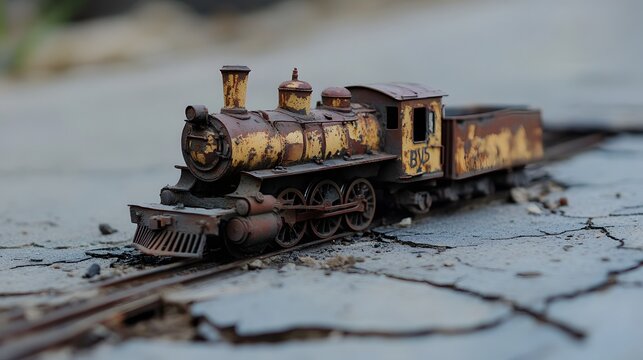 Rusty miniature train on cracked ground - Powered by Adobe