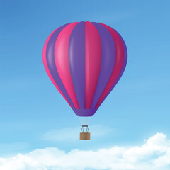 Fototapeta premium Vector Travel Banner with 3d Realistic Hot Air Balloon Icon on a Blue Sky Background. Design Template, Summer Vacation, Travelling, Tourism and Journey Concept